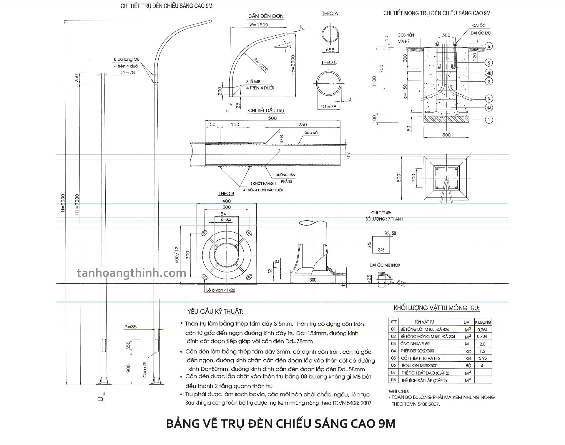 Bản vẽ chi tiết trụ đèn cao 9m